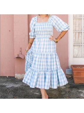 Ivy City Co Mia Blue Gingham Smocked Midi Dress S
